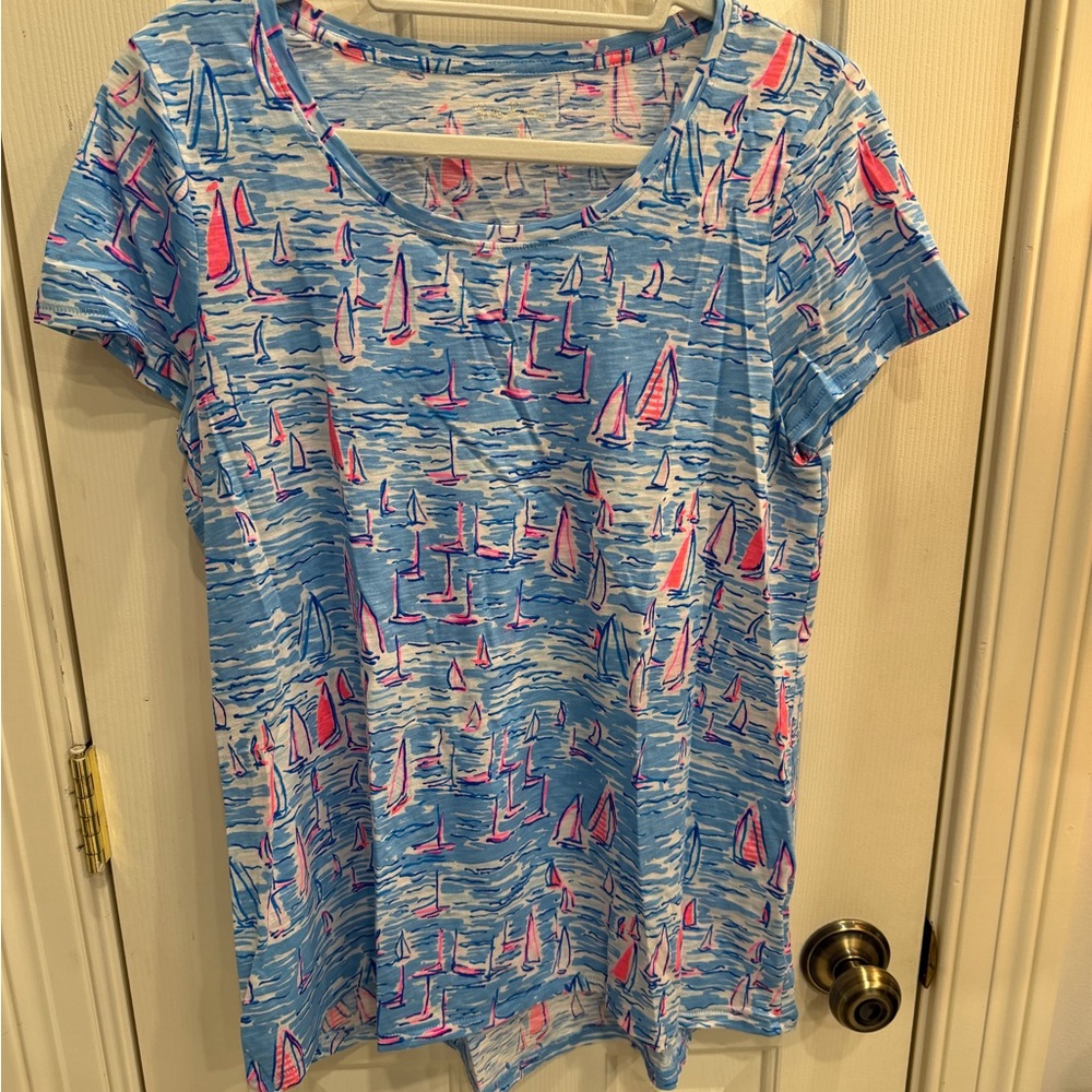 Lilly Pulitzer Blue and Pink Sailboat Print Shirt Sz. M Like New